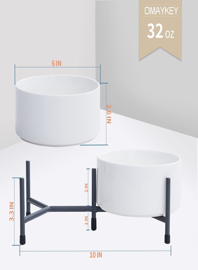 OMAYKEY 32 oz Ceramic Dog Cat Bowl Set of 2 with Elevated Metal Stand - 6 Inch Ceramic Round Pet Food and Water Feeder Bowl Dish for Cats & Dogs - White - Image 3